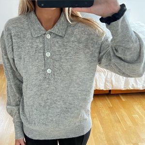 & other stories long sleeve button up collared sweater heather grey size small